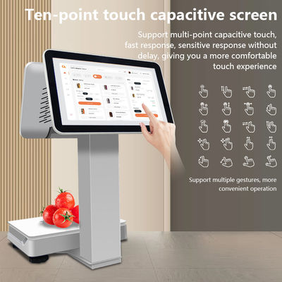 15,6+14 Zoll Dual-Touchscreen-POS-Terminal mit Waagschale, Barcode-Scanner und Thermodrucker für den Einzelhandel