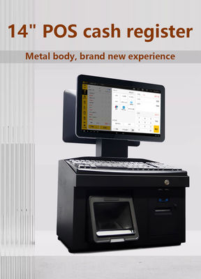14 Zoll Dual-Touchscreen Win 7 POS-Kasse i3 CPU 4+64GB Desktop POS-Terminal mit Drucker, Tastatur, Scanner