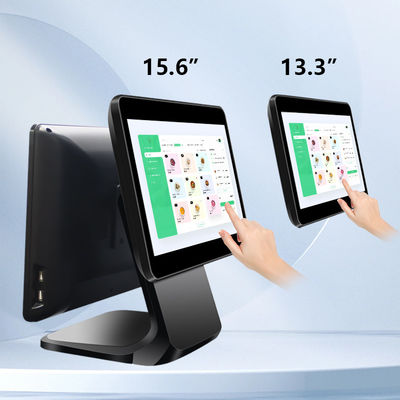 13.3/15.6 Zoll Dual-Touchscreen-POS-System I3 Win-System Einzelhandelsgeschäft POS-Terminal mit faltbarem Sockel