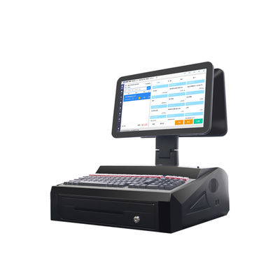 OEM ODM 15,6 Zoll Dual-Screen Win 7 POS-Kasse N2840 CPU 2+32GB Desktop-POS-Terminal mit 58-mm-Drucker, Tastatur