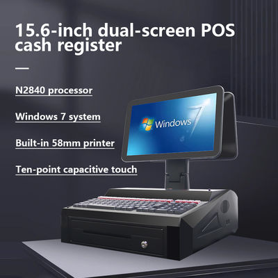 OEM ODM 15,6 Zoll Dual-Screen Win 7 POS-Kasse N2840 CPU 2+32GB Desktop-POS-Terminal mit 58-mm-Drucker, Tastatur