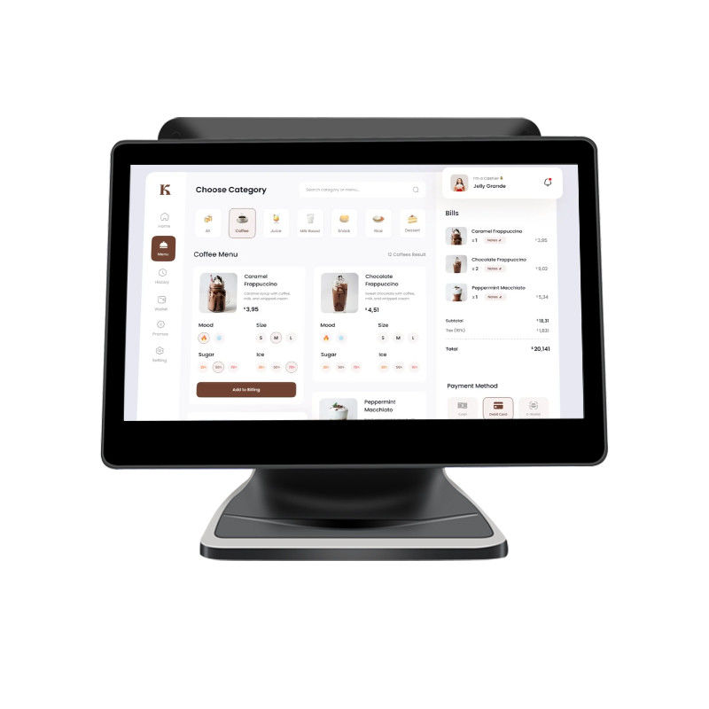 13.3/15.6 Zoll Dual-Touchscreen-POS-System I3 Win-System Einzelhandelsgeschäft POS-Terminal mit faltbarem Sockel